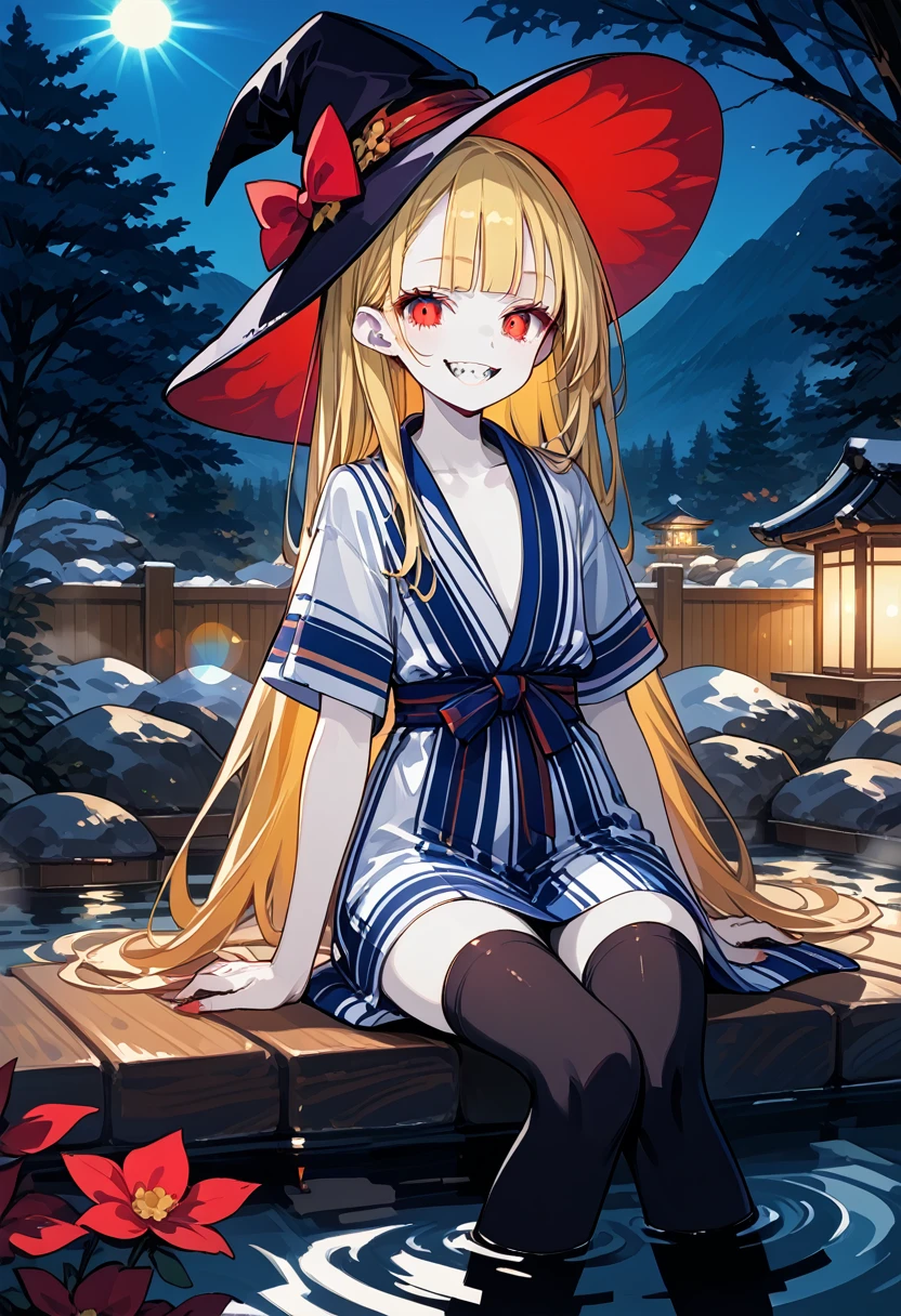score_9, score_8_up,score_7_up,1 girl,solo,10 years old,(female child:1.5),(vampire:1.5),(witch:1.3),(europian:1.5),emaciated,red eyes,(slant eyes,tsurime:1.2),(blonde hair,very long hair,blunt bangs,straight hair:1.1),flat chest,(pale skin:1.5),(sharp teeth:1.5),yukata,(black thighhighs:1.3),kyoto,onsen,pointy hat,(grin:1.5),skinny,(Enjoying Japanese open-air onsen,),She is soaking in the onsen up to her shoulders,
(Rembrandt lighting, colorful reaction, lens flare, bloom,film Reflection),very happy,,sitting,pale skin,