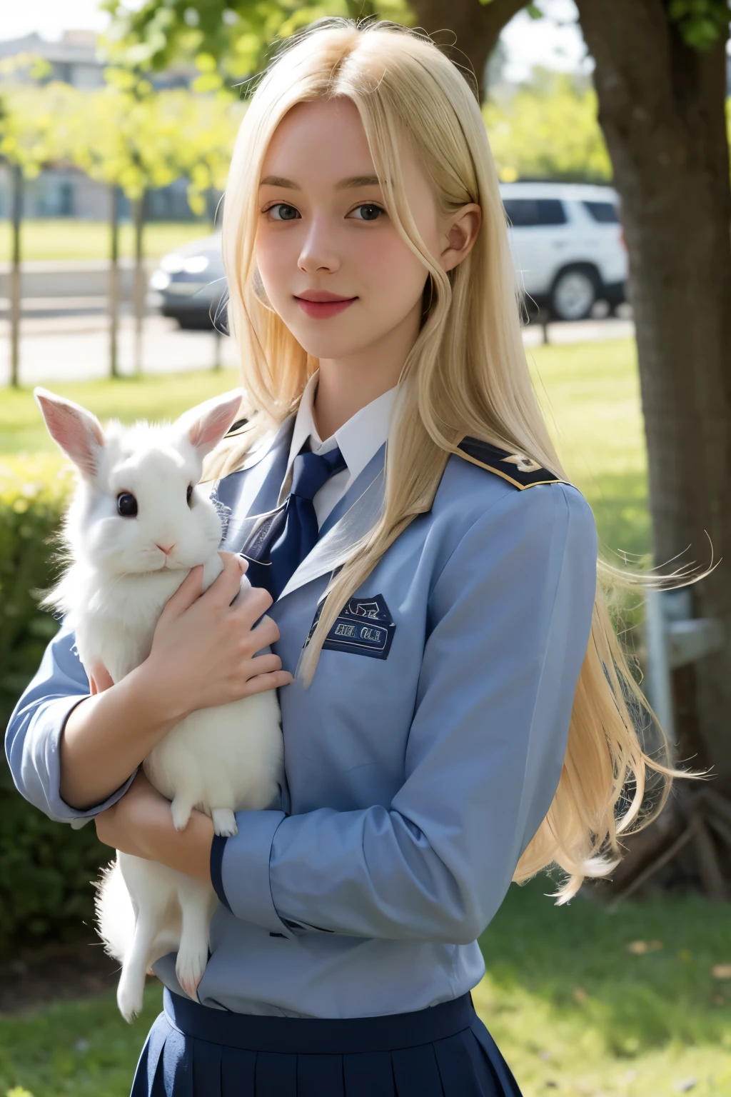 a girl, blond hair, uniform, holding an animal rabbit