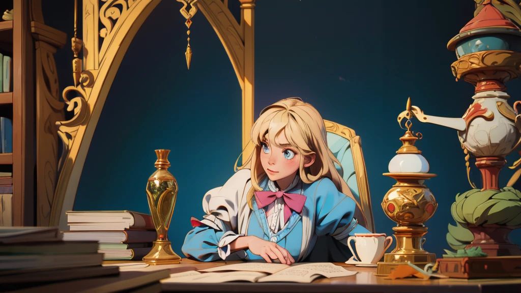 make an illustration that represents the first chapter of the book Alice in Wonderland with blonde Alice