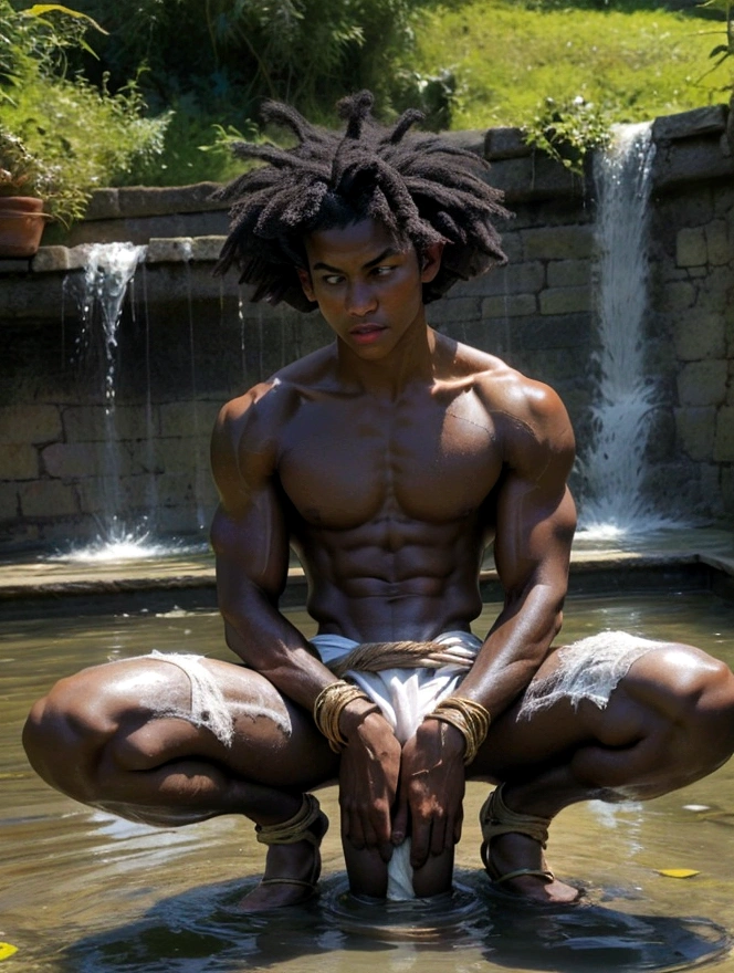 12 year old boy,Dark Skin,Afro-American,Glossy skin,muscle,Boy's body,Full nudity,White loincloth,Large bulge in crotch,Wet,(Keep your knees on the ground),With legs apart,Arms folded behind head,Tied up with rope,bondage,What is BDSM?,Short Hair,village,Outdoor,Fantasy,noon,