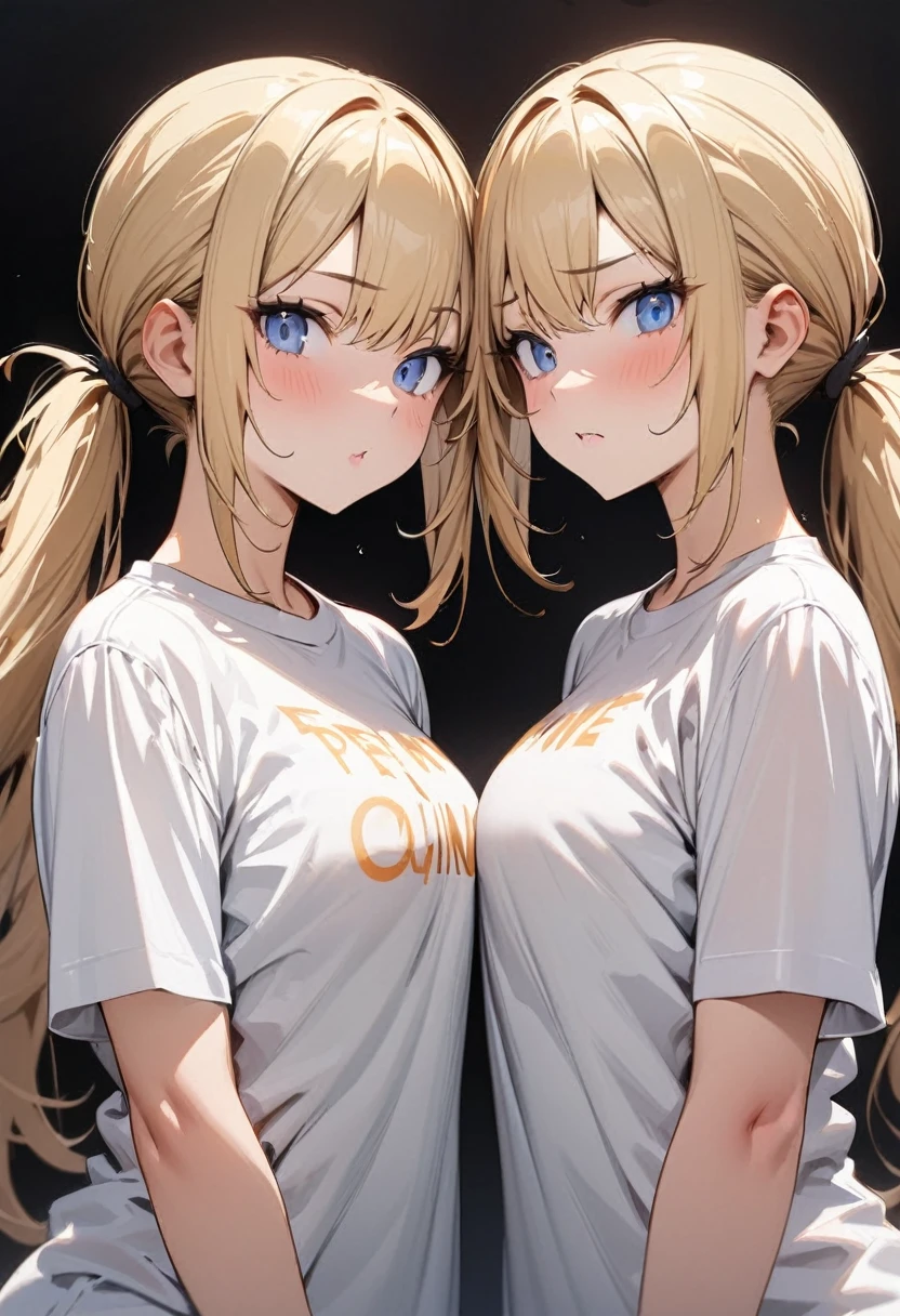 Masterpiece,best quality,ultra detailed, Two women, blonde, ponytailed, twins, identical faces, one wearing beautiful armor, one wearing a silly t-shirt, standing side by side, upper body, image divided by a line in the middle,