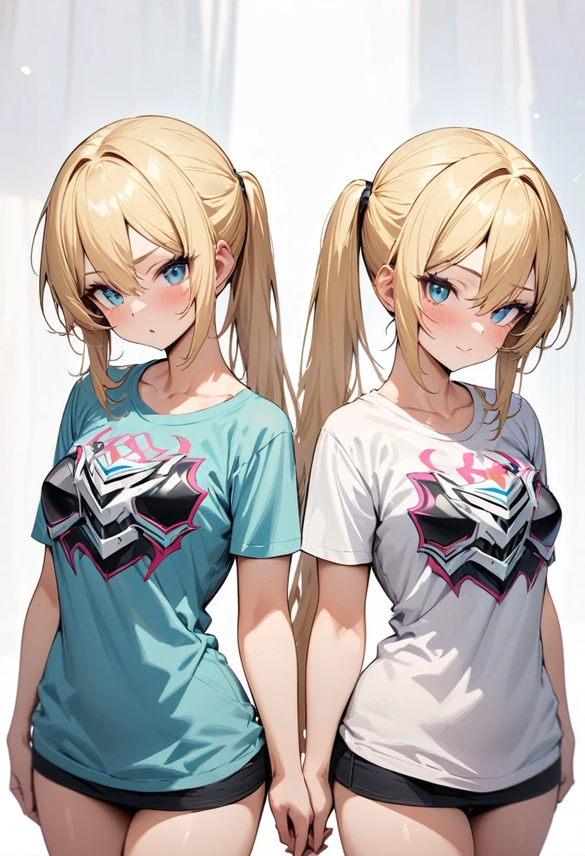 Masterpiece,best quality,ultra detailed, Two women, blonde, ponytailed, twins, identical faces, one wearing beautiful armor, one wearing a silly t-shirt, standing side by side, upper body, image divided by a line in the middle,