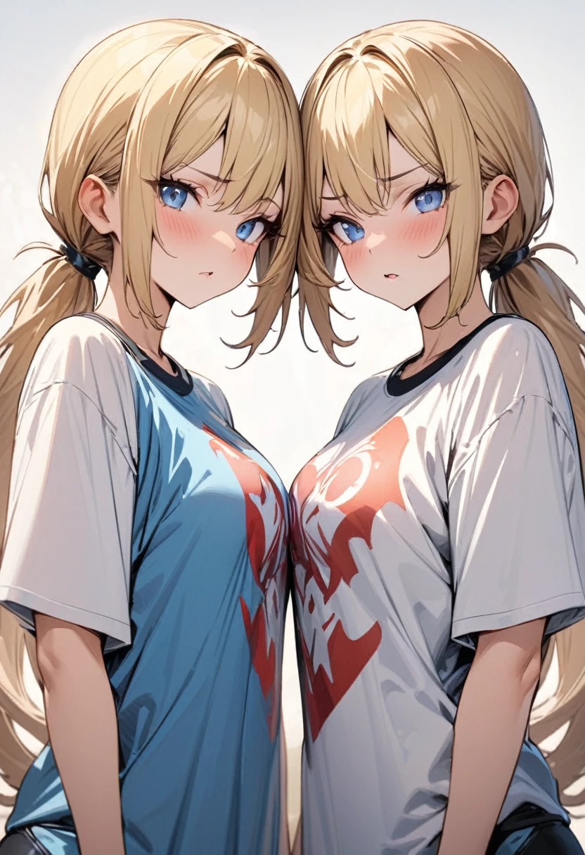 Masterpiece,best quality,ultra detailed, Two women, blonde, ponytailed, twins, identical faces, one wearing beautiful armor, one wearing a silly t-shirt, standing side by side, upper body, image divided by a line in the middle,