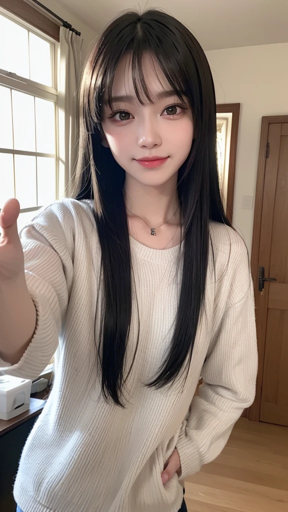 (8k, born, realistic: 1.25), ((striped white hairs)))))), (Thin lip gloss, thin eyebrows, eyelash, tear bag, sharp bangs, shiny face, shiny skin, highest quality, ultra high resolution, Depth of the bounds written, chromatic aberration, caustics, wide lighting, natural shading, K-POPアイドル) Glasses, Calm, Collect a strand of hair with your hand, long hair, smile, Small devil, inside the house