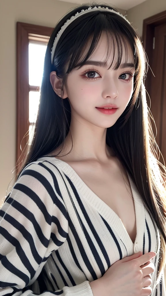 (8k, born, realistic: 1.25), ((striped white hairs)))))), (Thin lip gloss, thin eyebrows, eyelash, tear bag, sharp bangs, shiny face, shiny skin, highest quality, ultra high resolution, Depth of the bounds written, chromatic aberration, caustics, wide lighting, natural shading, K-POPアイドル) Glasses, Calm, Collect a strand of hair with your hand, long hair, smile, Small devil, inside the house