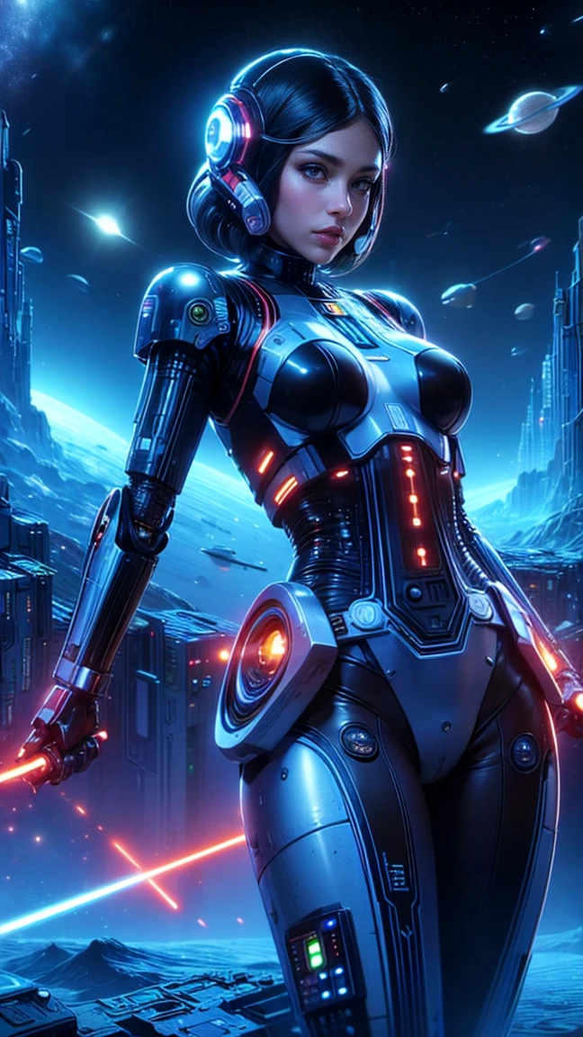 top quality, future world, State-of-the-art robot, Beautiful Woman,  Transformed into a cyborg except for the face, sexy images, whole body photo, (((space war, star war, laser gun )))