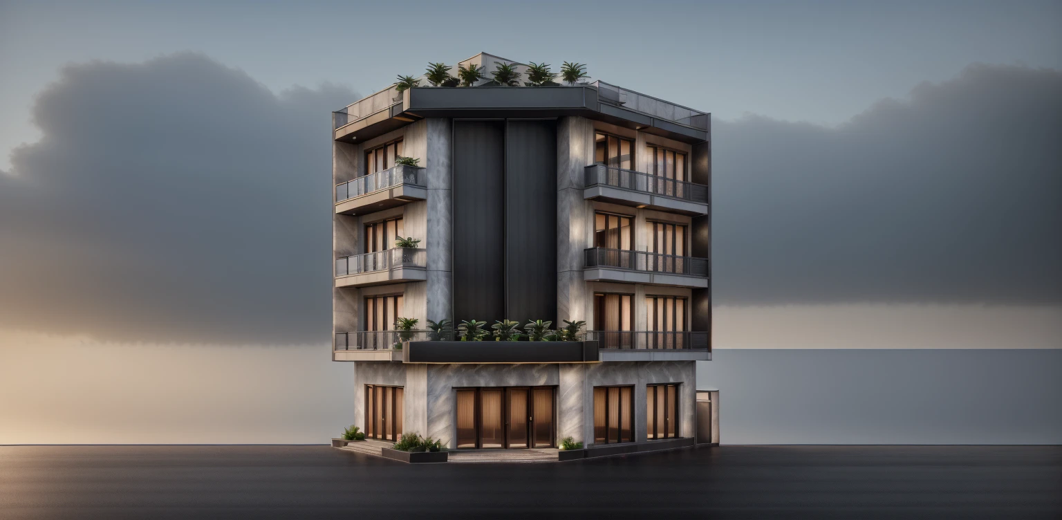 Townhouse in city, daylight,warm light, (sharp focus) front view of townhouse in style of modern, Vietnamese architecture ,mutual colors, soft lighting, warm atmosphere,high Resolution, hyper detailed,8k, hdr, ,vray render, hyper realistic , exterior design , professional photography, exterior photography, wide-angle shot , ultra detail, real world location, road sign, cityscape, pavement, ground vehice, cloudy sky. doors and windows are made by Xingfa. bancony has many trees, ivys, palms. black iron frame. wooden ceiling, ceiling light, black iron gate, iron rail, fence walls are made of black stone