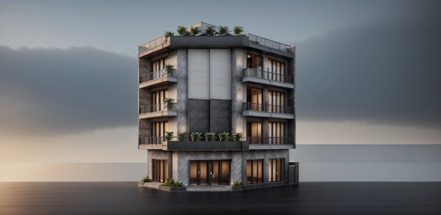 Townhouse in city, daylight,warm light, (sharp focus) front view of townhouse in style of modern, Vietnamese architecture ,mutual colors, soft lighting, warm atmosphere,high Resolution, hyper detailed,8k, hdr, ,vray render, hyper realistic , exterior design , professional photography, exterior photography, wide-angle shot , ultra detail, real world location, road sign, cityscape, pavement, ground vehice, cloudy sky. doors and windows are made by Xingfa. bancony has many trees, ivys, palms. black iron frame. wooden ceiling, ceiling light, black iron gate, iron rail, fence walls are made of black stone
