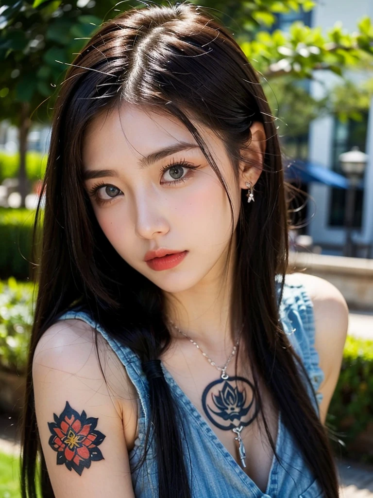 brunette woman with green eyes, she is Berber, she wears Berber jewelry and tattoos, she looks at the camera