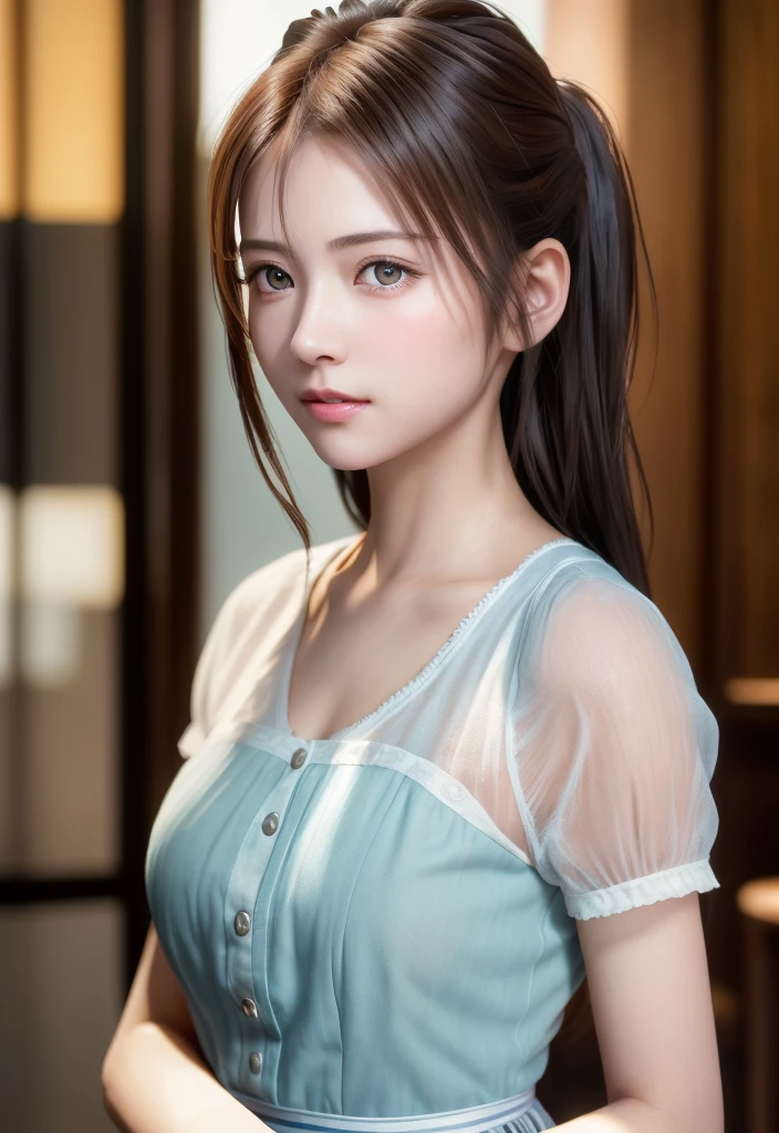 8K, of the highest quality, masutepiece:1.2), (Realistic, Photorealsitic:1.37), of the highest quality, masutepiece, Beautiful young woman, Pensive expression,、A charming、and an inviting look, Cute Maid Clothes, Hair tied back, Cinematic background, Light skin tone