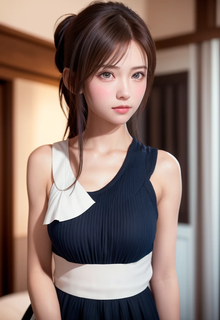 8K, of the highest quality, masutepiece:1.2), (Realistic, Photorealsitic:1.37), of the highest quality, masutepiece, Beautiful young woman, Pensive expression,、A charming、and an inviting look, Cute Maid Clothes, Hair tied back, Cinematic background, Light skin tone