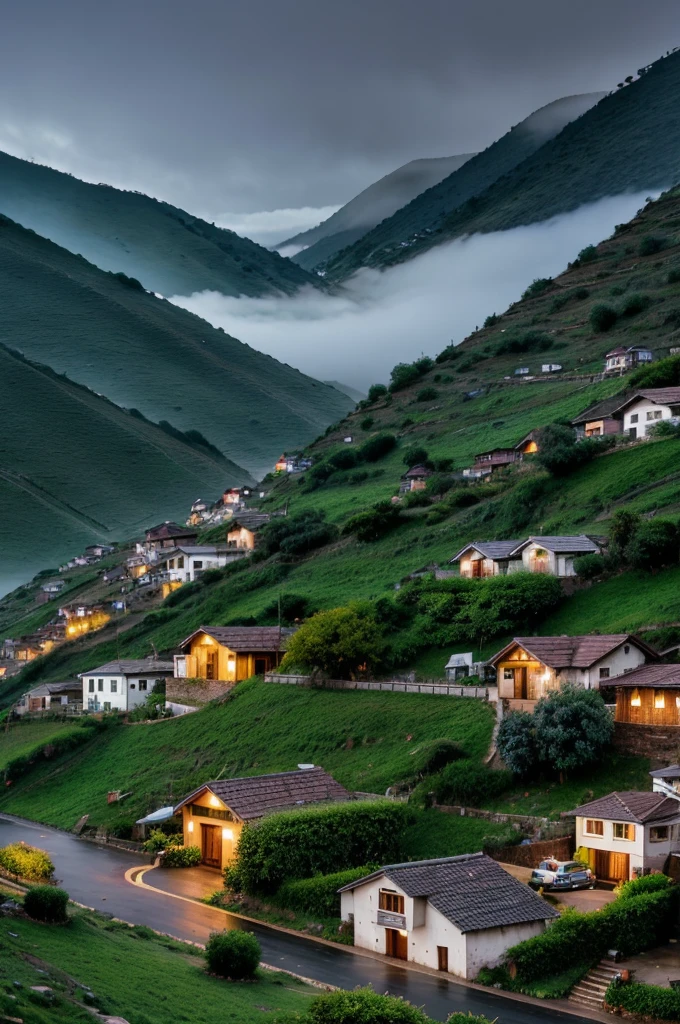 Hilly area with rain very dark small colourfull village on hills very dark with big hills and fog
