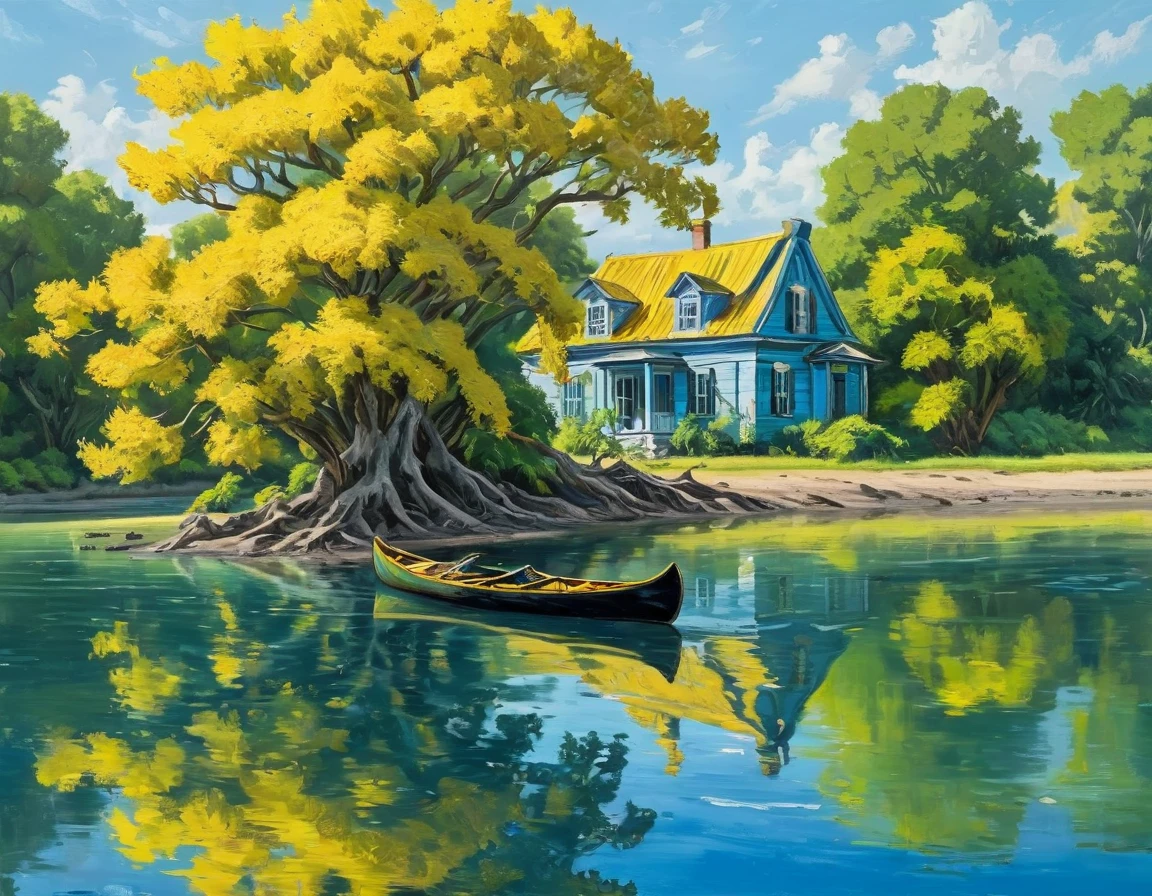 panoramic view, oil painting of an (((island in a river))) containing a colonial house of mud on the island. (((island))). Two men are fishing, a small canoe is anchored on the island, and a yellow ipê tree stands prominently. Midday light, vibrant reflections on the water, lively ambiance. Created Using: Bold brushstrokes, vivid colors, high contrast, detailed foliage, influenced by Van Gogh, hd quality, natural look