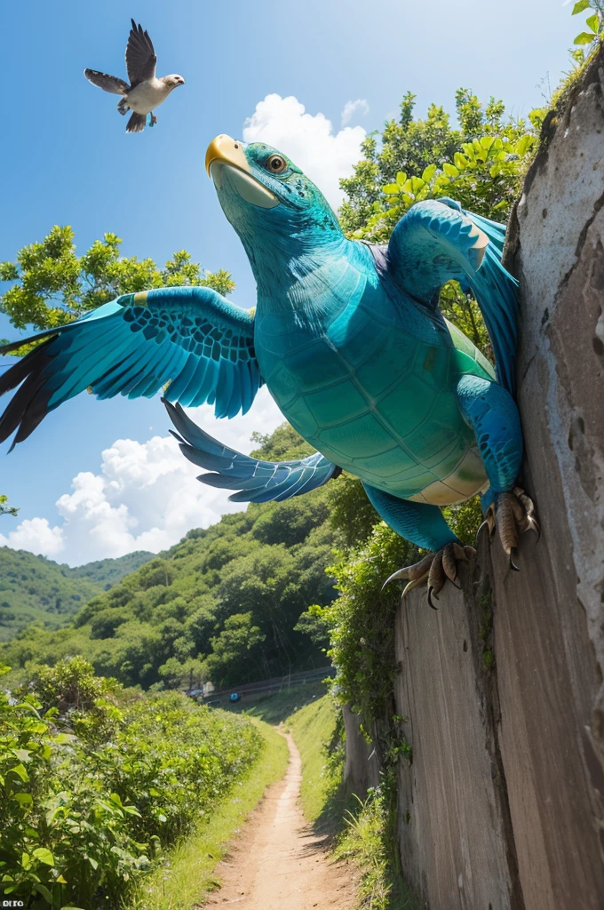 A colorful bird with blue and green feathers is flying in the clear sky. Below, a turtle with a brown and green shell is trying to climb a steep hill. The turtle has an expression of effort, while the bird looks at her with curiosity and concern.