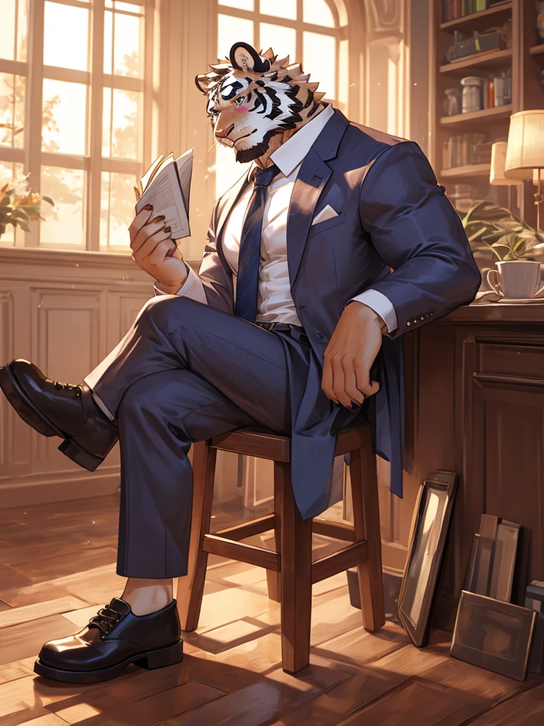 {{bara extremely handsome white tiger,}} {{white fur,}} white, wearing purple trench coat purple trousers and white dress shirt and necktie, white fluffy furry body and limbs, loafers, very tall, very broad shoulders, narrow waist, muscular arms, massive pecs, purple eyes, very long legs,  sitting cross legged on swivel chair, reading file, sophisticated smart look, full body, best quality, high quality, silver earring on left ear, dead stare, cold expression