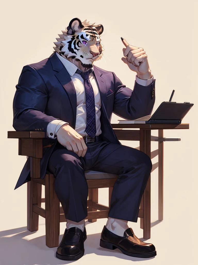 {{bara extremely handsome white tiger,}} {{white fur,}} white, wearing purple trench coat purple trousers and white dress shirt and necktie, white fluffy furry body and limbs, loafers, very tall, very broad shoulders, narrow waist, muscular arms, massive pecs, purple eyes, very long legs, sitting cross legged on swivel chair, reading file, sophisticated smart look, full body, best quality, high quality, silver earring on left ear, dead stare, cold expression