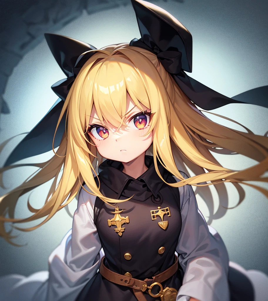 (angry),Cute little ,Tiny ,Small girl,,Childish face, Very fine clean face,Top quality, Big eyes,Straight Hair,Yellow hair,Crimson Eye,(Dark Room), Subtle light, Soft lighting,Light from directly behind, (Are standing),Front view,prison