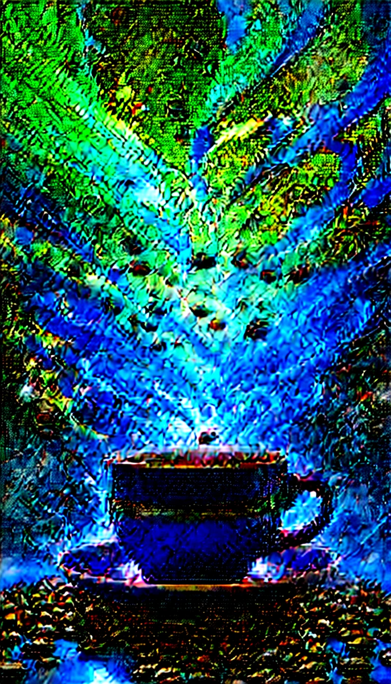 Create a vibrant, colorful image that represents the strength of coffee, in an anime style. In the center, place a steaming cup of coffee with a liquid of deep, rich color, emanating an energetic aura. Around the cup, add elements like bright coffee beans and fresh green leaves. Incorporate rays of golden light radiating from the cup to reinforce the feeling of energy. The background should be a kaleidoscope of bright colors like red, orange, yellow and green, creating a feeling of dynamism and power. The image should convey the idea that coffee is a powerful source of energy and revitalization, with an anime stylistic touch.