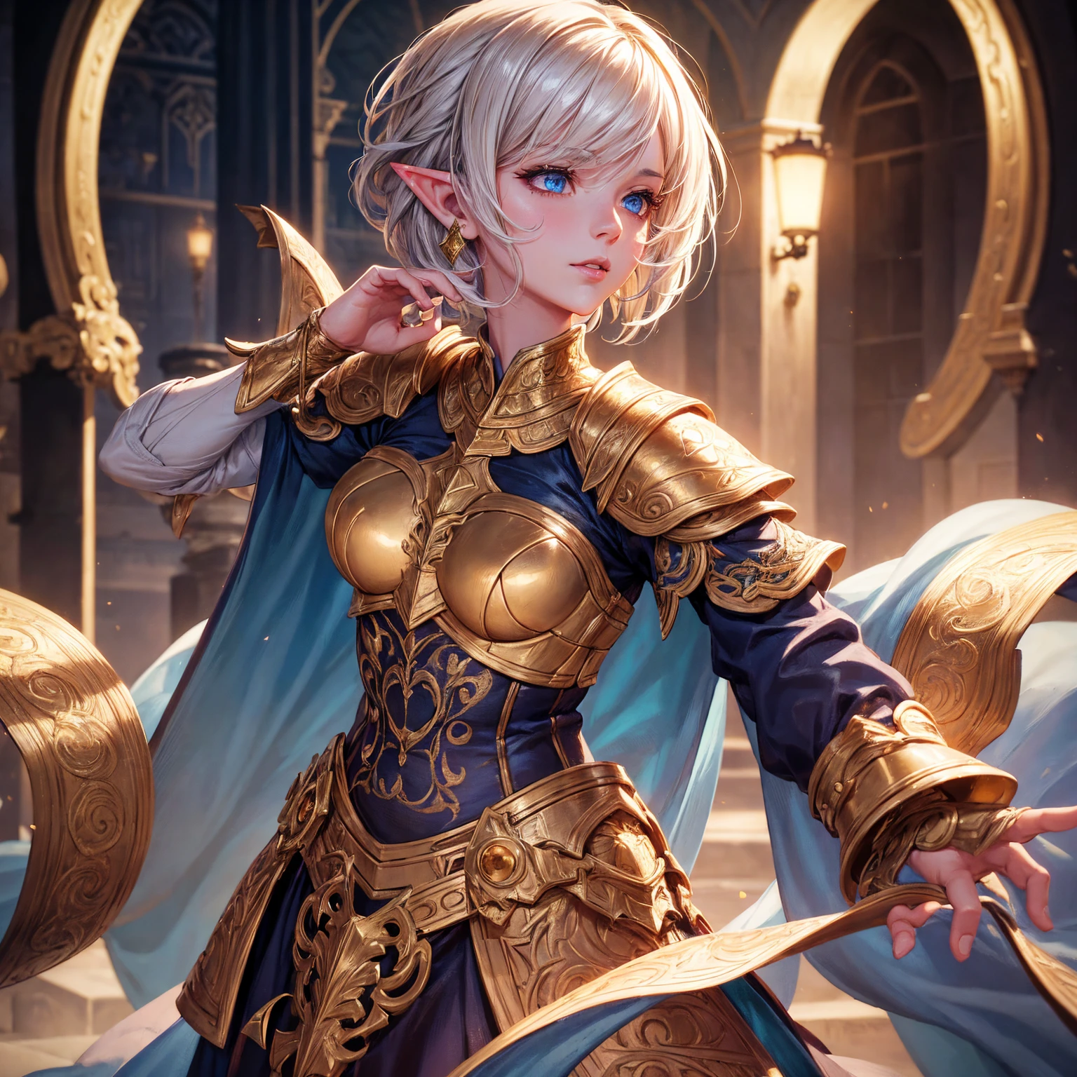 a girl, 1girl, elf, short bob gold hair, gold hair!!!, very small breasts, long pointed ears, blue eyes, fair skin, happy face, white heavy armor plate, full body, full body, night, dark graveyard!!, light magic, very sexy body, detailed face, beautiful detailed eyes, beautiful detailed lips, extremely detailed eyes and face, long eyelashes, detailed clothing, intricate details, highly detailed, photo realistic, 8k, best quality, masterpiece, cinematic lighting, dramatic lighting, vibrant colors, fantasy, digital art, concept art