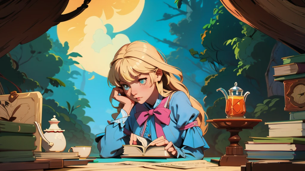 make an illustration that represents the first chapter of the book Alice in Wonderland with blonde Alice