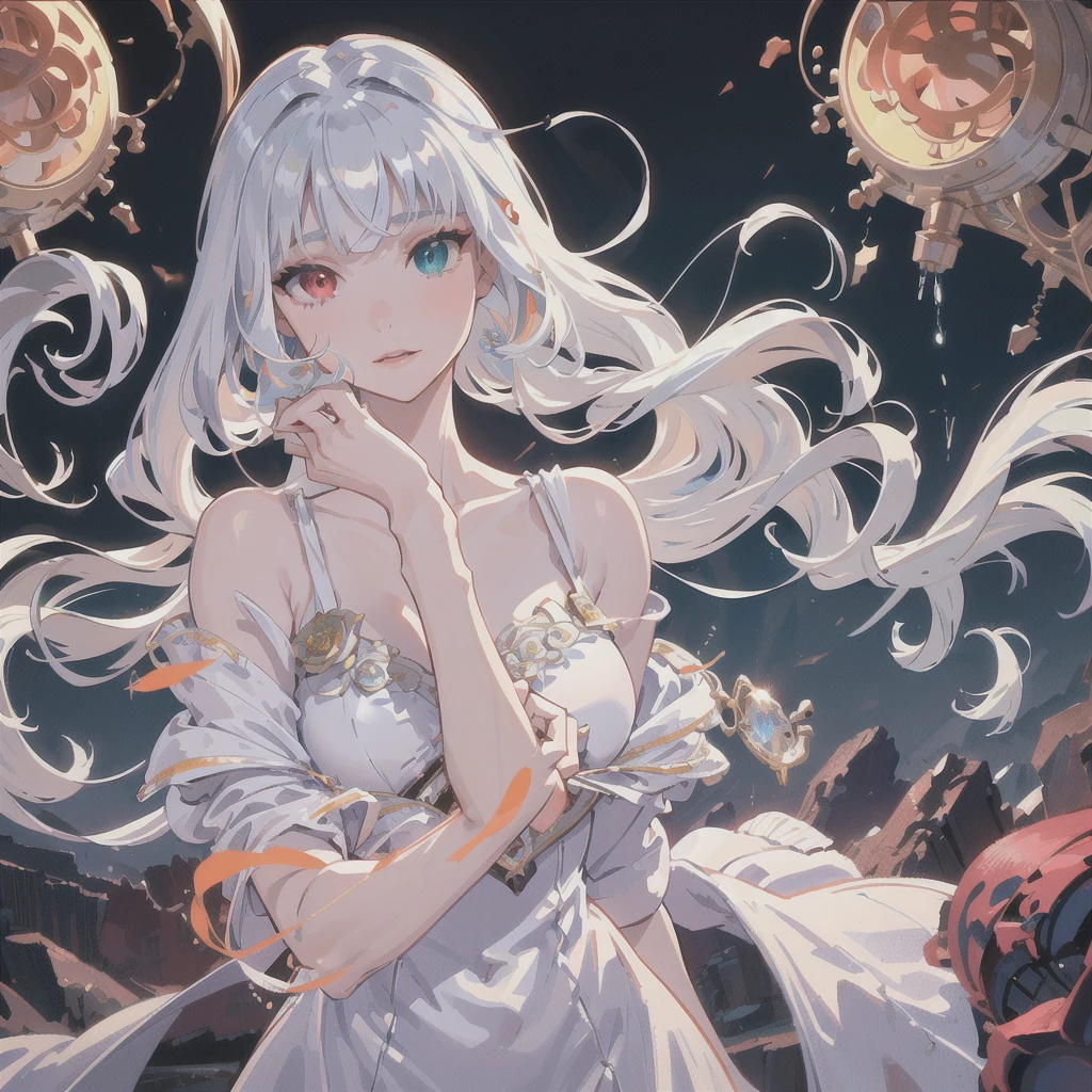 masterpiece, best quality, movie still, 1girl, cloud girl, floating in the sky, close-up, bright, happy, warm soft lighting, sunset, (sparks:0.7)
Silver long straight hair, hair strictly cutted, hair strictly straight, bangs strictly straight
(((Heterochromia eyes)))
(((Red light rose right eye)))
(((Silver green left eye)))
(((High detailed eyes, high detailed face, high detailed hair)))