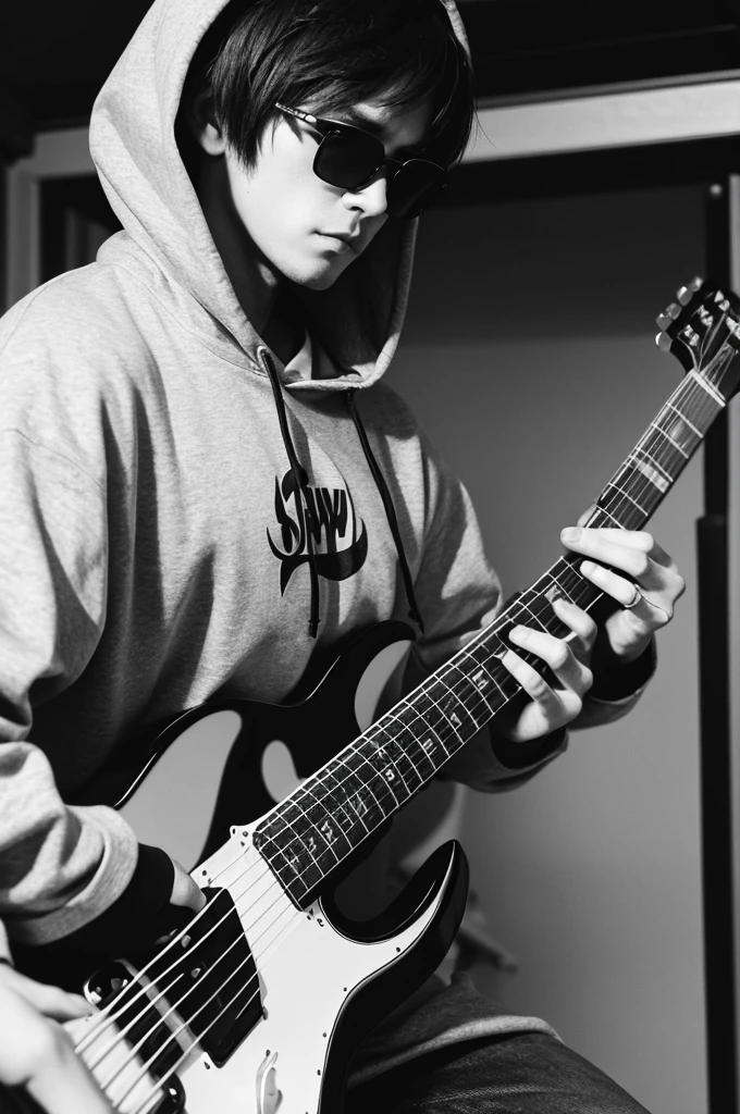 In black and white cartoon、Illustration of a man playing guitar。The man is wearing a hoodie、Wearing sunglasses。The guitar details are subtle.、Simple design。At the bottom of the illustration is『Stay Wild』Add a handwritten logo that says。
