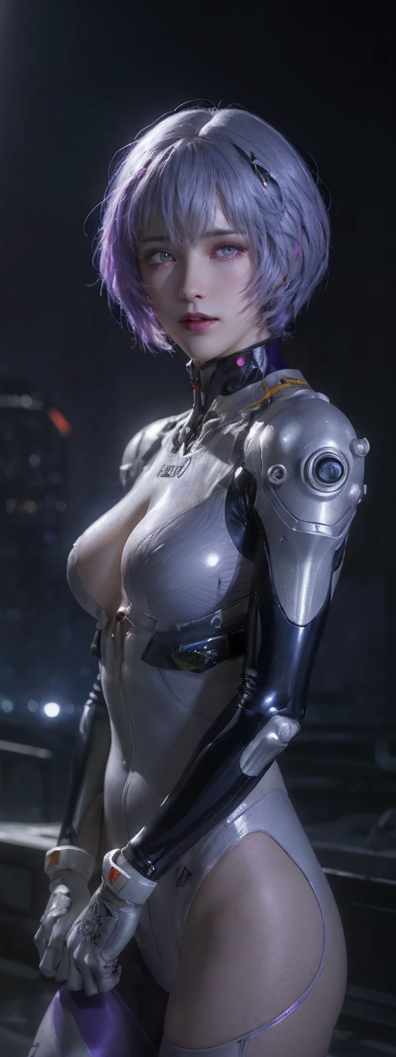 cowboy shot,rei ayanami,adult version,20 years old,evangelion body suit,dark,purple hair,beautiful detailed eyes,beautiful detailed lips,extremely detailed eyes and face,long eyelashes,serious expression,futuristic city backdrop,neon lights,blue and purple color palette,studio lighting,vivid colors,ultra-detailed,realistic,photorealistic,photo-realistic,Raw,16K,ultra high res,cinematic shot,twilight lighting,volumetric lighting,dramatic lighting,(photorealistic,realism,depth_of_field:1.5),