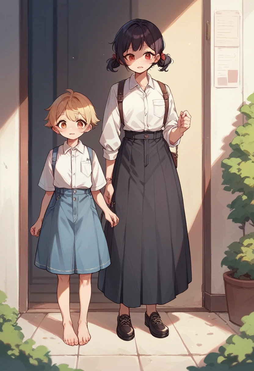 A girl in a white shirt uniform、Red and white checkered fluffy flare long skirt、barefoot、cute leather shoes、A three-person idol unit with a height difference