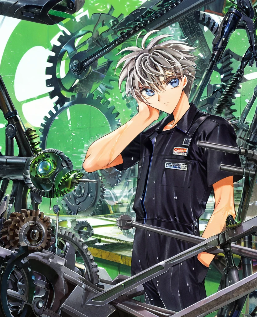 "Create an anime-style close-up artwork of a young boy mechanic with detailed, high-quality eyes. He has messy, oily hair and wears a rugged mechanic's jumpsuit adorned with patches and tools. His eyes should be the focal point, reflecting the glow of a workshop filled with mechanical gadgets and futuristic devices. The background should hint at a bustling workshop environment, with blurred images of gears, wrenches, and robotic arms, keeping the focus on his focused and determined expression as he works on a complex invention."