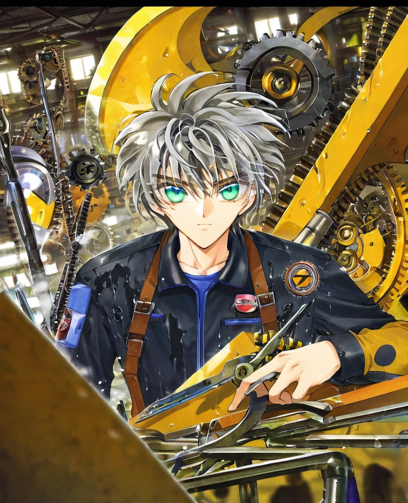 "Create an anime-style close-up artwork of a young boy mechanic with detailed, high-quality eyes. He has messy, oily hair and wears a rugged mechanic's jumpsuit adorned with patches and tools. His eyes should be the focal point, reflecting the glow of a workshop filled with mechanical gadgets and futuristic devices. The background should hint at a bustling workshop environment, with blurred images of gears, wrenches, and robotic arms, keeping the focus on his focused and determined expression as he works on a complex invention."