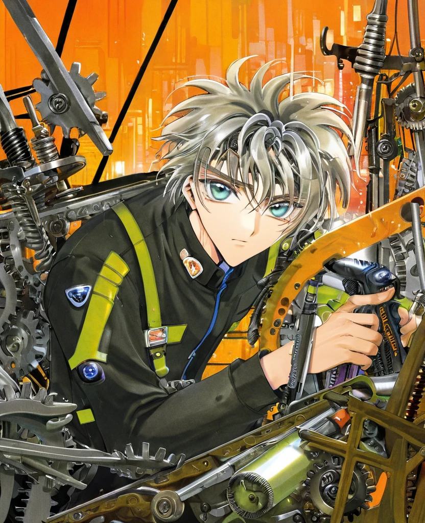 "Create an anime-style close-up artwork of a young boy mechanic with detailed, high-quality eyes. He has messy, oily hair and wears a rugged mechanic's jumpsuit adorned with patches and tools. His eyes should be the focal point, reflecting the glow of a workshop filled with mechanical gadgets and futuristic devices. The background should hint at a bustling workshop environment, with blurred images of gears, wrenches, and robotic arms, keeping the focus on his focused and determined expression as he works on a complex invention."