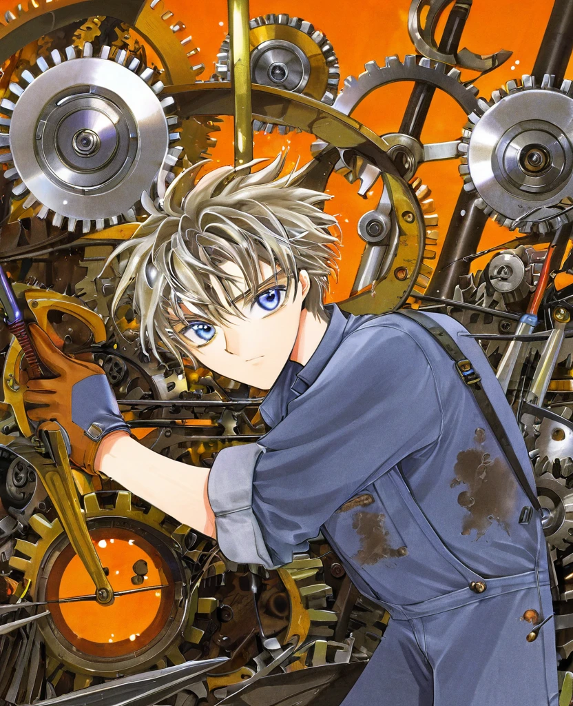 "Create an anime-style close-up artwork of a young boy mechanic with detailed, high-quality eyes. He has messy, oily hair and wears a rugged mechanic's jumpsuit adorned with patches and tools. His eyes should be the focal point, reflecting the glow of a workshop filled with mechanical gadgets and futuristic devices. The background should hint at a bustling workshop environment, with blurred images of gears, wrenches, and robotic arms, keeping the focus on his focused and determined expression as he works on a complex invention."