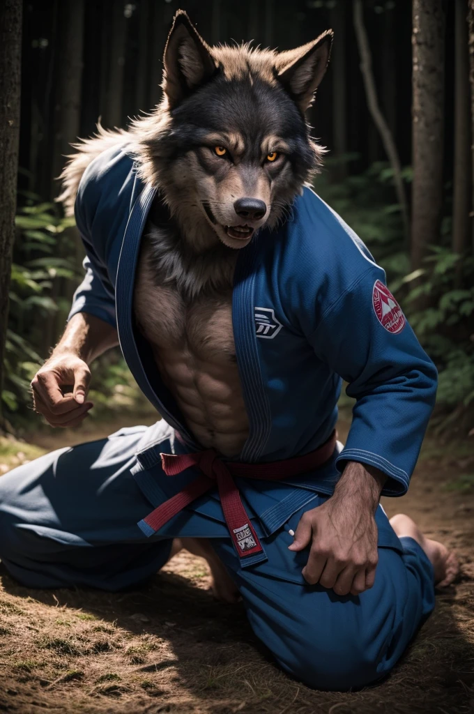 A werewolf with a JIU-JITSU gi,  on a tatami in a forest at night, With the full moon