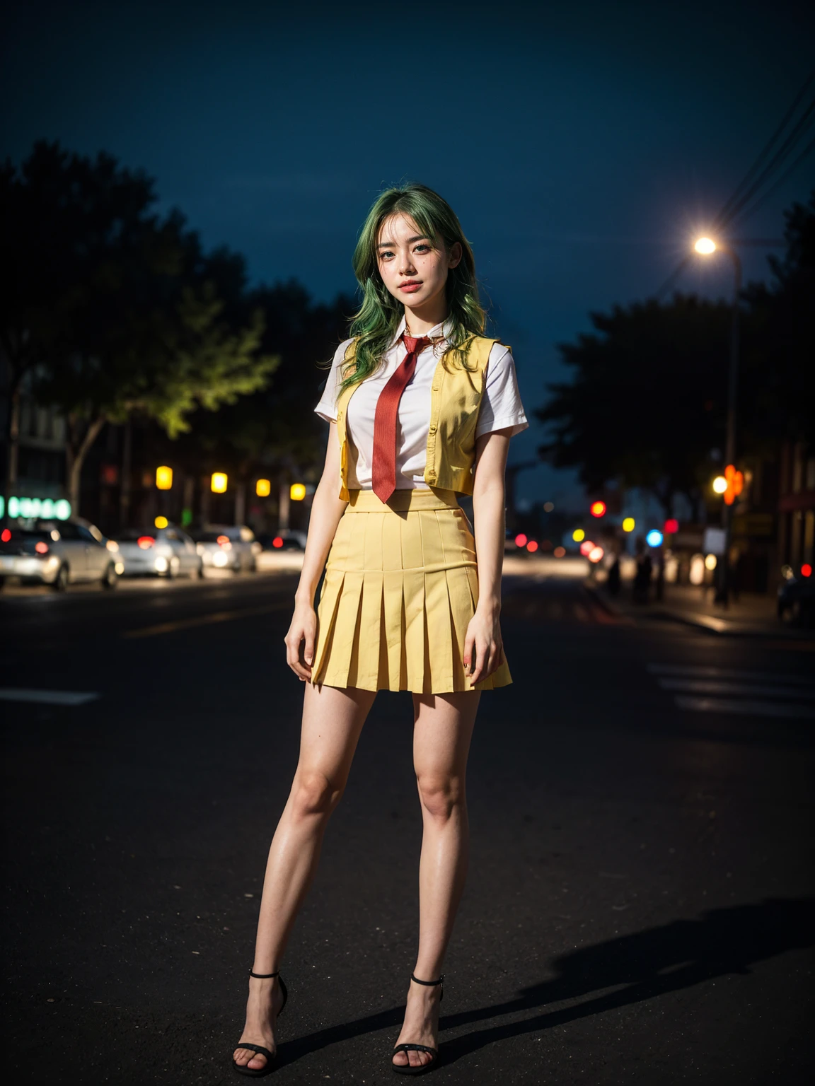(1 lady), (Best quality at best:1.4), (ultra - detailed), (extremely detailed CG unified 16k), A Beautiful Woman with Perfect Figure: 1.4, Sharp Focus: 1.2, very detailed, High-definition RAW color photo, professional photoshooting, amazing face and eyes, cosmetics, (amazingly beautiful girl), ((Mion Sonozaki, skinny wast, wide hips, full body)), ((white shirt, red necktie, yellow vest, red skirt)), standing, sexyposture,(Dark and stylish urban landscape, city lights, city lights:1.3), (look from down), realistic cinematic face, head to feet long wide zoomed out view, full body long view, photorealistic, ((realistic natural green hair style, green eyes, long hair)), gorgeous, extremely beautiful face, perfect model beauty, pout mouth, Highly Detailed Face and Skin Texture, Detailed Eyes, Double Eyelids, Big Breasts, Smile, cleavages, western, (masterpiece), best quality, high resolution, extremely detailed, blurred background, depth of field, cinematic lighting, amazing legs, clear and well-cared skin, (((woman occupies most of the picture)))