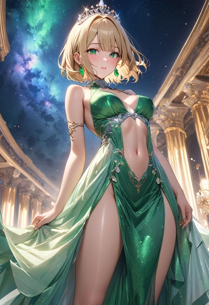 ((masterpiece)), (textured skin), ((high details)), best quality, award winning, 8k, beautiful woman, silk dress, Noble, princess, queen, blonde, half updo, hair flaps, jewelry tiara, crystal earrings, Sharp focus A beautiful woman with perfect body, Slim abdomen, light brown hair, shiny hair, bob cut, starry skies, green emerald ring