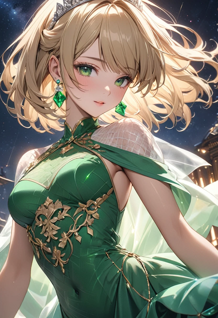 ((masterpiece)), (textured skin), ((high details)), best quality, award winning, 8k, beautiful woman, silk dress, Noble, princess, queen, blonde, half updo, hair flaps, jewelry tiara, crystal earrings, Sharp focus A beautiful woman with perfect body, Slim abdomen, light brown hair, shiny hair, bob cut, starry skies, green emerald ring