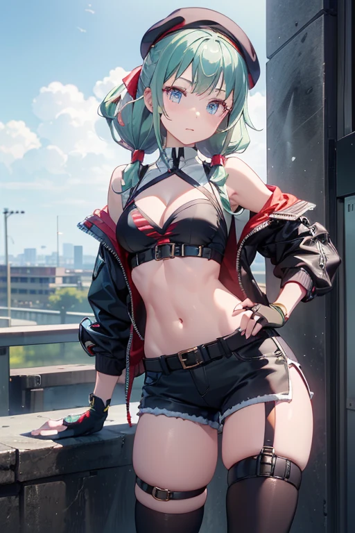 ubel,dark green hair,long hair,side ponytail,hair between eyes,bangs, BREAK (beret, black jacket, open clothes, cleavage, midriff, black shorts, black thighhighs, thigh strap, fingerless gloves, single glove:1.2) BREAK blurry background, BREAK pose, hand on hip, BREAK (masterpiece:1.2), best quality, high resolution, unity 8k wallpaper, (illustration:0.8), (beautiful detailed eyes:1.6), extremely detailed face, perfect lighting, extremely detailed CG, (perfect hands, perfect anatomy),

