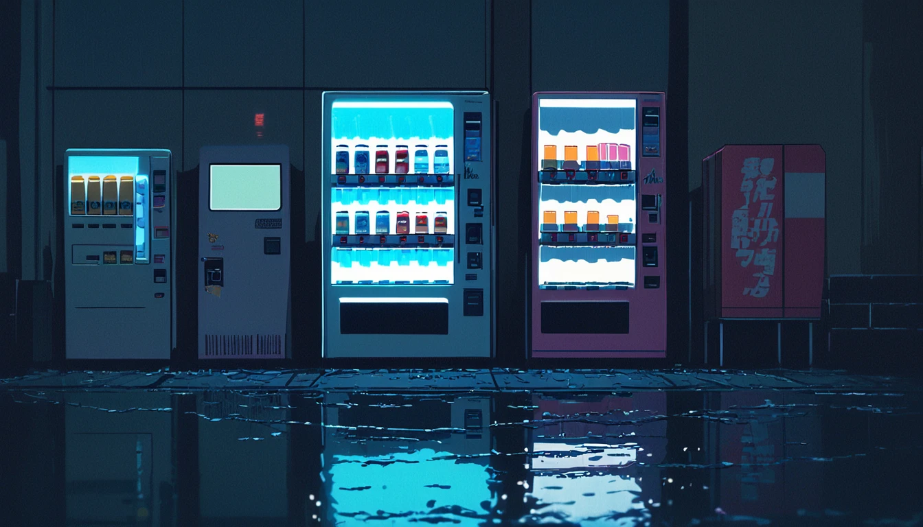 レトロアニメスタイル, 1980s anime, Hand-drawn animation, セルシェーディング, Night view of downtown area, night, cloudy, ネオンサイン, vending machine, High school girl with an umbrella, nostalgic, メランコリックな, dream-like, Lo-fi aesthetic, electric wire, puddles of water reflecting light, The sound of a distant train, black hair, bangs, hair behind ear, anime style, cinematic lighting, UHD, retina, masterpiece, accurate, anatomically correct, textured skin, super detail, high details, best quality, high quality, highres