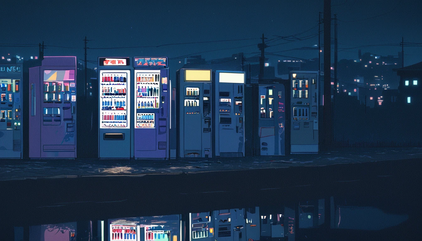 レトロアニメスタイル, 1980s anime, Hand-drawn animation, セルシェーディング, Night view of downtown area, night, cloudy, ネオンサイン, vending machine, High school girl with an umbrella, nostalgic, メランコリックな, dream-like, Lo-fi aesthetic, electric wire, puddles of water reflecting light, The sound of a distant train, black hair, bangs, hair behind ear, anime style, cinematic lighting, UHD, retina, masterpiece, accurate, anatomically correct, textured skin, super detail, high details, best quality, high quality, highres