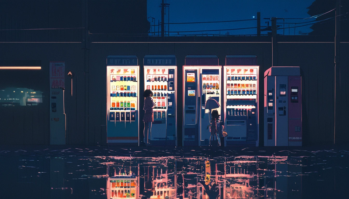 レトロアニメスタイル, 1980s anime, Hand-drawn animation, セルシェーディング, Night view of downtown area, night, cloudy, ネオンサイン, vending machine, High school girl with an umbrella, nostalgic, メランコリックな, dream-like, Lo-fi aesthetic, electric wire, puddles of water reflecting light, The sound of a distant train, black hair, bangs, hair behind ear, anime style, cinematic lighting, UHD, retina, masterpiece, accurate, anatomically correct, textured skin, super detail, high details, best quality, high quality, highres