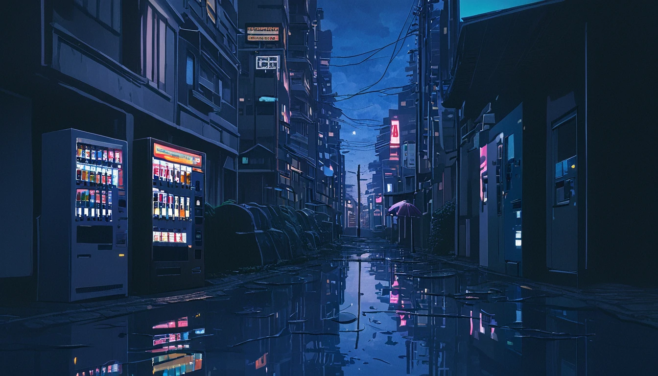 レトロアニメスタイル, 1980s anime, Hand-drawn animation, セルシェーディング, Night view of downtown area, night, cloudy, ネオンサイン, vending machine, High school girl with an umbrella, nostalgic, メランコリックな, dream-like, Lo-fi aesthetic, electric wire, puddles of water reflecting light, The sound of a distant train, black hair, bangs, hair behind ear, anime style, cinematic lighting, UHD, retina, masterpiece, accurate, anatomically correct, textured skin, super detail, high details, best quality, high quality, highres