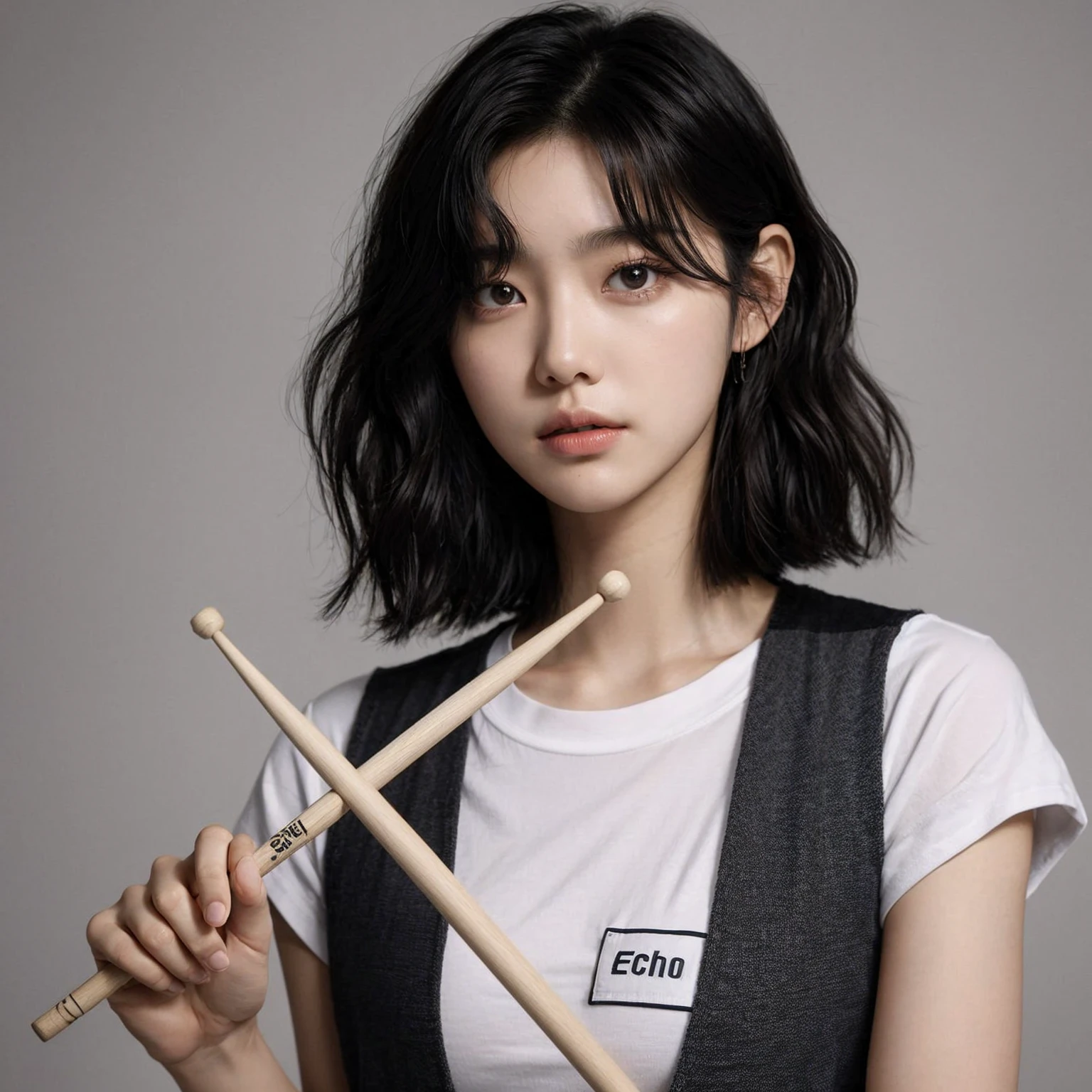 A 20-year-old Korean girl with medium-length black wavy bob hair, medium bust size, medium arm size, a perfect body, and an athletic build. She is wearing a plain white T-shirt with the word "ECHO" on it and a vest. With a serious expression, she looks at the camera while holding drumsticks in her left and right hands. Her arms are straight at her sides. The background is gray.