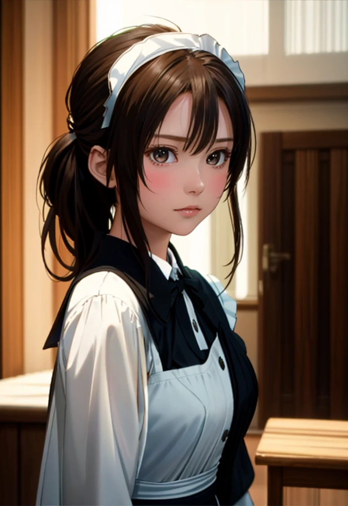 8K, of the highest quality, masutepiece:1.2), (Realistic, Photorealsitic:1.37), of the highest quality, masutepiece, Beautiful young woman, Pensive expression,、A charming、and an inviting look, Cute Maid Clothes, Hair tied back, Cinematic background, Light skin tone