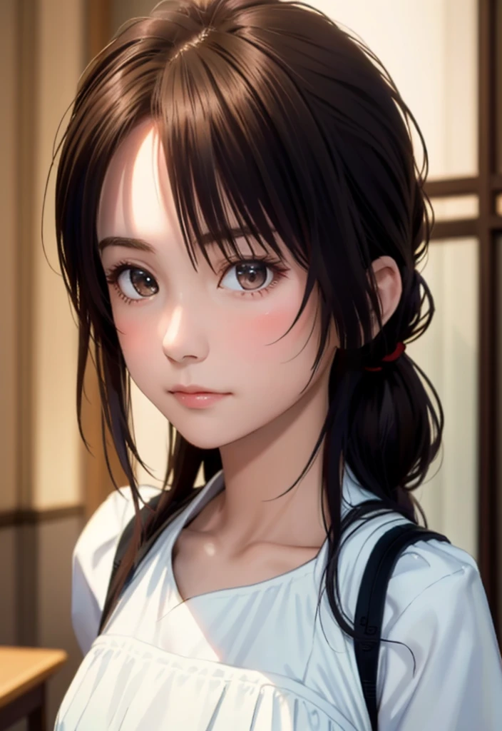 8K, of the highest quality, masutepiece:1.2), (Realistic, Photorealsitic:1.37), of the highest quality, masutepiece, Beautiful young woman, Pensive expression,、A charming、and an inviting look, Cute Maid Clothes, Hair tied back, Cinematic background, Light skin tone