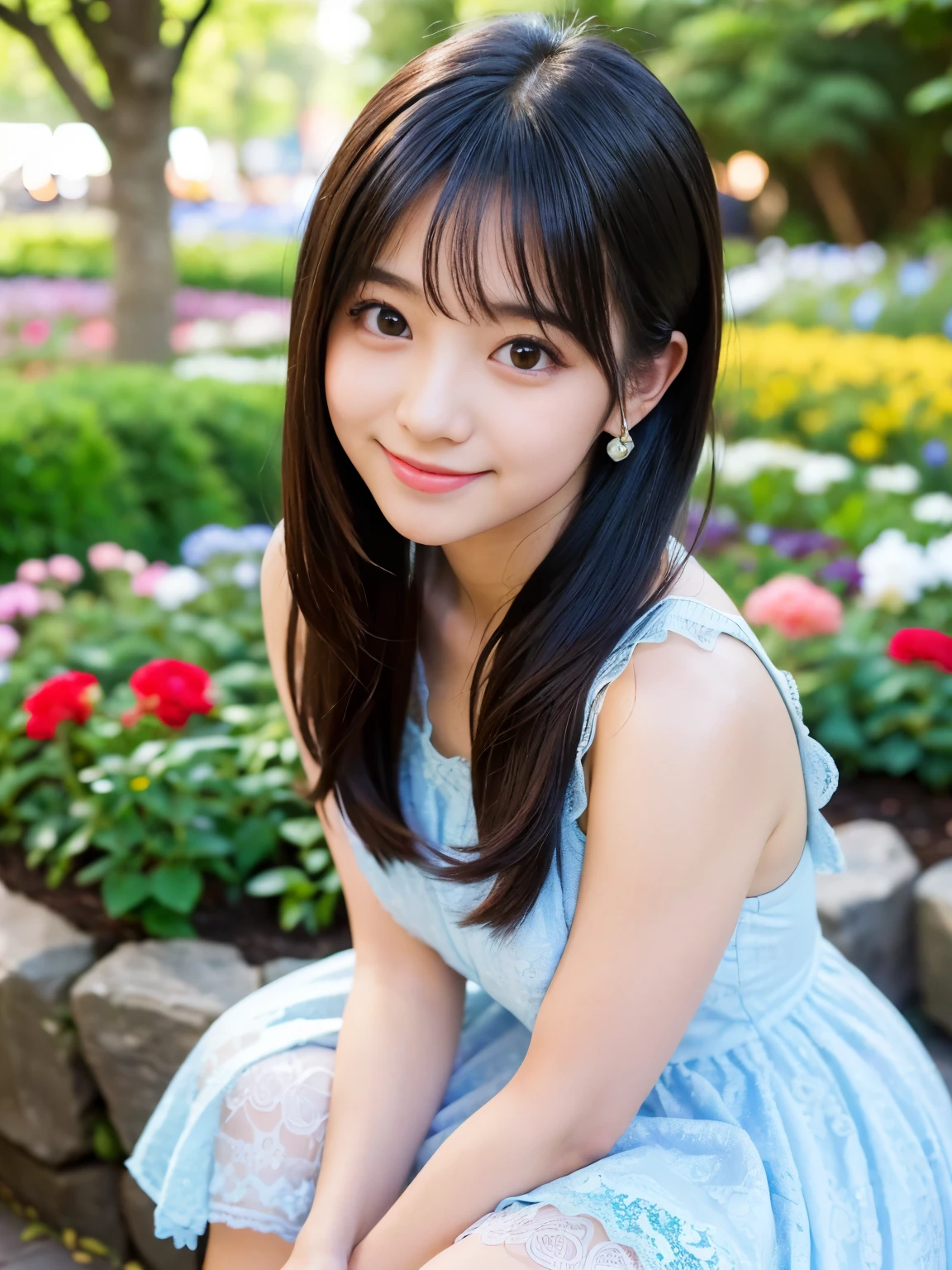 (Best-quality, Masterpiece, Ultra-High-Resolution, (Photorealistic:1.4), Raw Photo, depth of field, professional lighting, perfect , extremely details), 1girl, 15-years-old, the most famous Japanese idol, (((at flower garden, booty pose, from below))), ((wearing extremely-cute-lacy-casual-dress with cute-design)), (extremely cute and extremely childish face like the most popular Japanese idol,((extremely cute and extremely big eyes)), extremely beautiful black-long-hair, ((extremely beautiful skins)), extremely cute long-eyelashes, extremely cute lips, extremely cute legs), ((innocent smile))