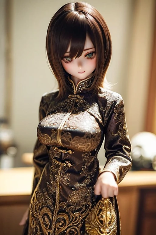 photorealistic, realistic photo, ((highest quality)), ((masterpiece)), (extremely detailed), kukolnydom, doll, (mature woman:1.6), solo, ((cowboy shot)), dynamic pose, brown hair, green eyes, (looking down, blank eyes, empty eyes, detailed eyes:1.3), light smile, china dress, chinese room, 8k