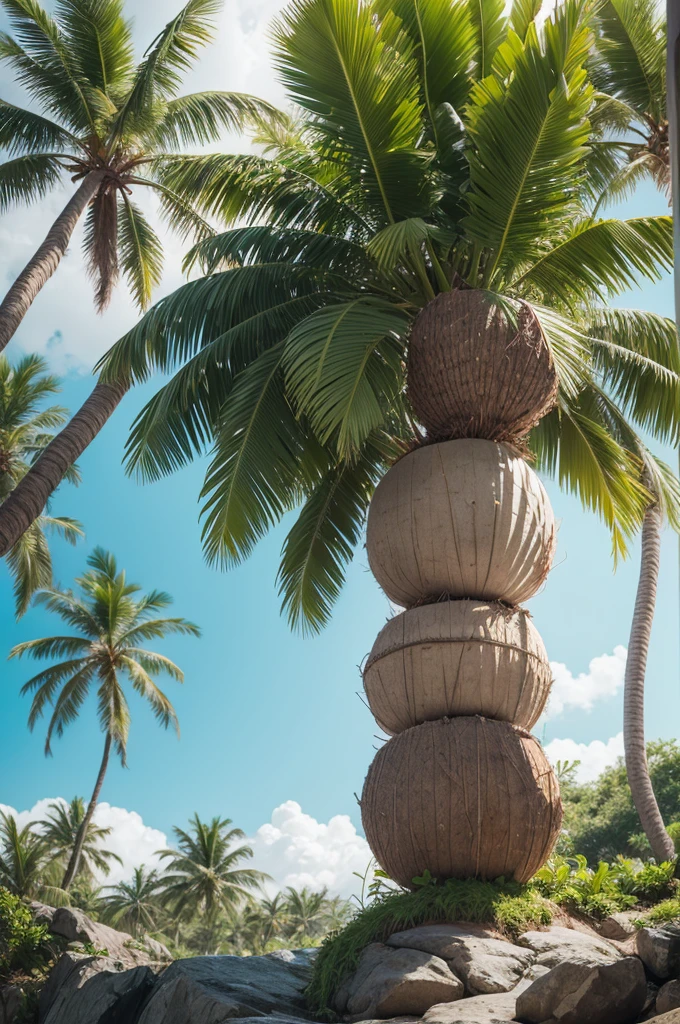 Create a playfully green-style character with a coconut tree that expresses hunger 
