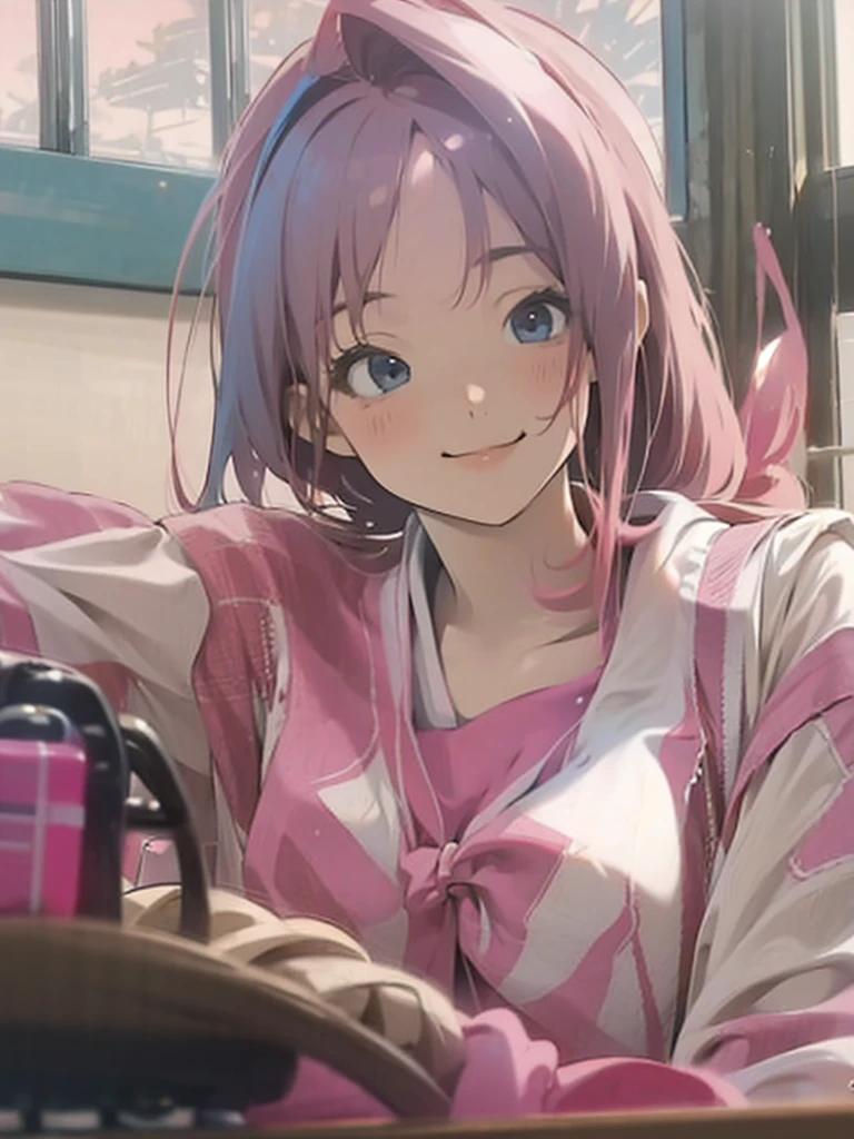 ((best quality)), ((masterpiece)), (detailed), 1girl, pink hair, high school, white uniform, Japanese, classroom, blue ambience, looking at the window, smile