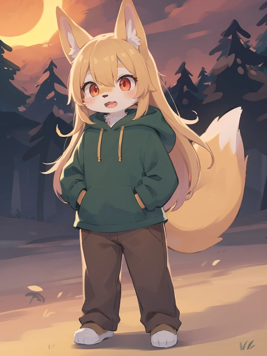 flat color, shota the fox, , was hairy, shaggy, skin fur, smooth lashes, golden fur, forelimb hands, straight long blonde hair, solid circle eyes, golden ears, golden fur, golden facial fur, shiny hair, red eyes, super cute face, 1fox tail, fluffy tail, furry tail, glowing eyes, green coat green hood down, brown trousers, standing, open mouth, ambient light, ultra-fine fur, dashed eyes, (full body), masterpiece, high quality, high-details, best quality, wide short, (((solo))), twilight, sun light, red sky, rim light