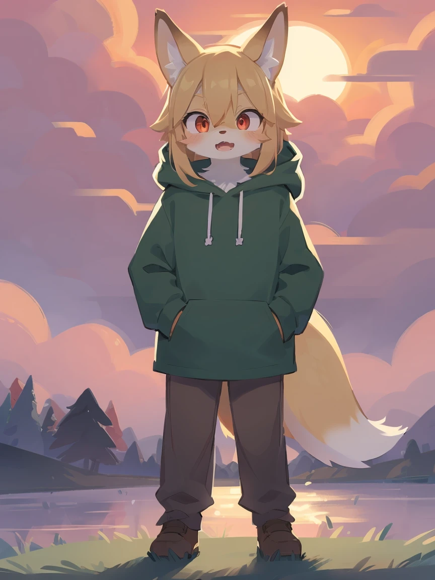 flat color, shota the fox, , was hairy, shaggy, skin fur, smooth lashes, golden fur, forelimb hands, straight long blonde hair, solid circle eyes, golden ears, golden fur, golden facial fur, shiny hair, red eyes, super cute face, 1fox tail, fluffy tail, furry tail, glowing eyes, green coat green hood down, brown trousers, standing, open mouth, ambient light, ultra-fine fur, dashed eyes, (full body), masterpiece, high quality, high-details, best quality, wide short, (((solo))), twilight, sun light, red sky, rim light